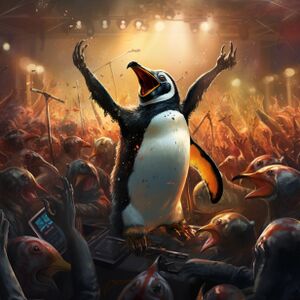 a penguin rocking out in a concert mosh pit surrounded by fish dancing